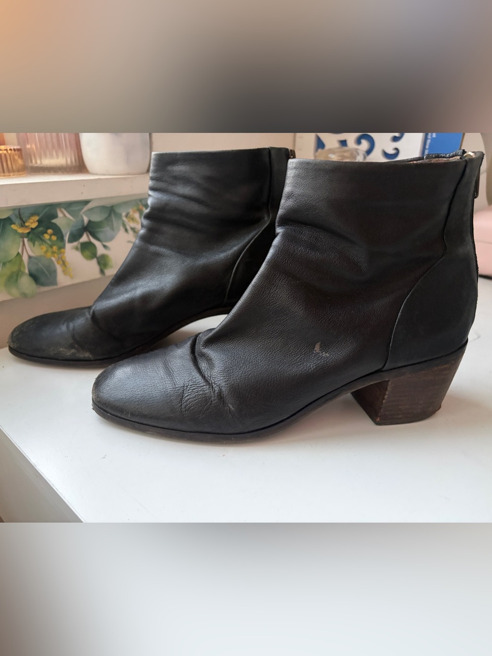 Lucky Brand Black Leather Ankle Boots with Low Stacked Heel Zipper Back size 9